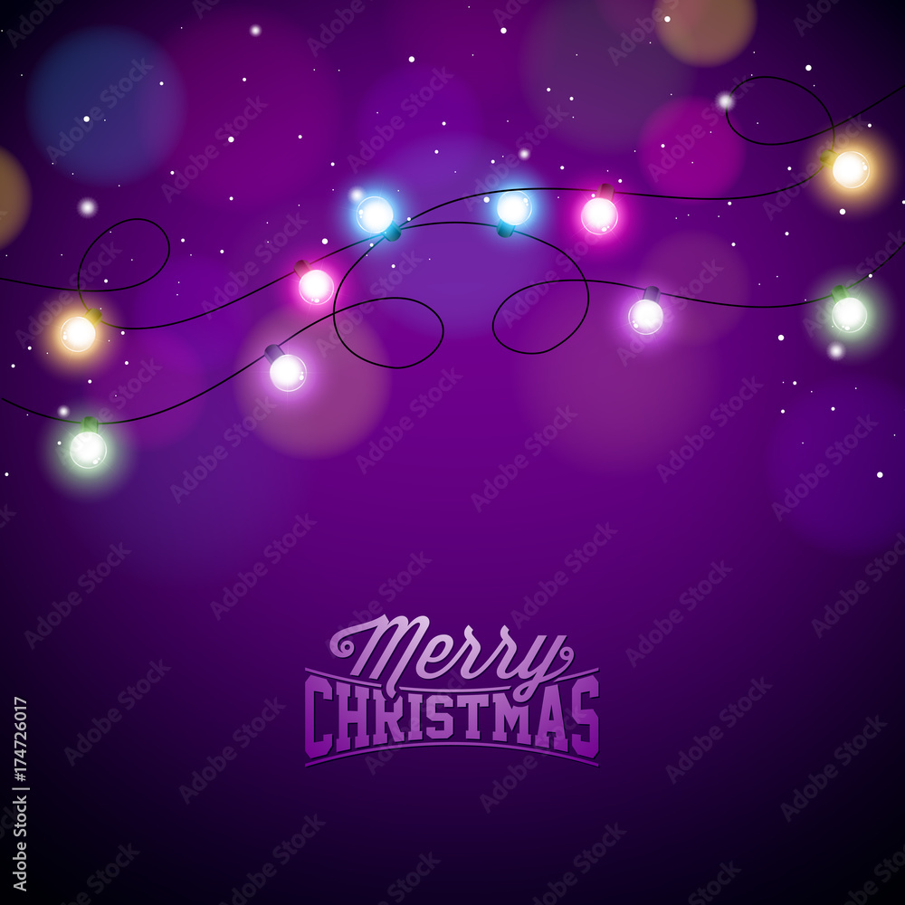 Glowing Colorful Christmas Lights for Xmas Holiday and Happy New Year Greeting Cards Design on Shiny Violet Background.