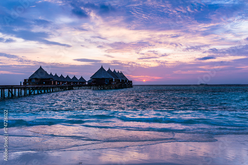Angaga Resort. Luxurious rich colors of sunset over a tropical island in the Maldives.