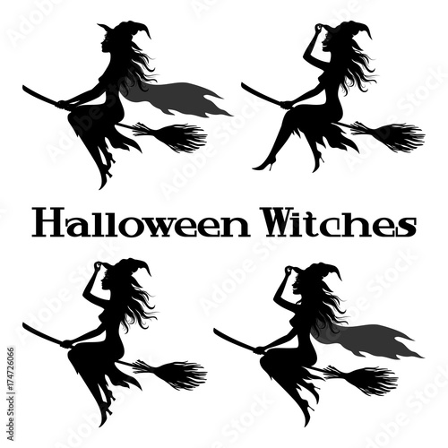 Set Witch Flying on Broom, Picture for Holiday Halloween, Black Silhouettes Isolated on White Background. Vector