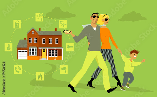 Family going out, a man arming a home security system on his way, using his smartphone, EPS 8 vector illustration, no transparencies