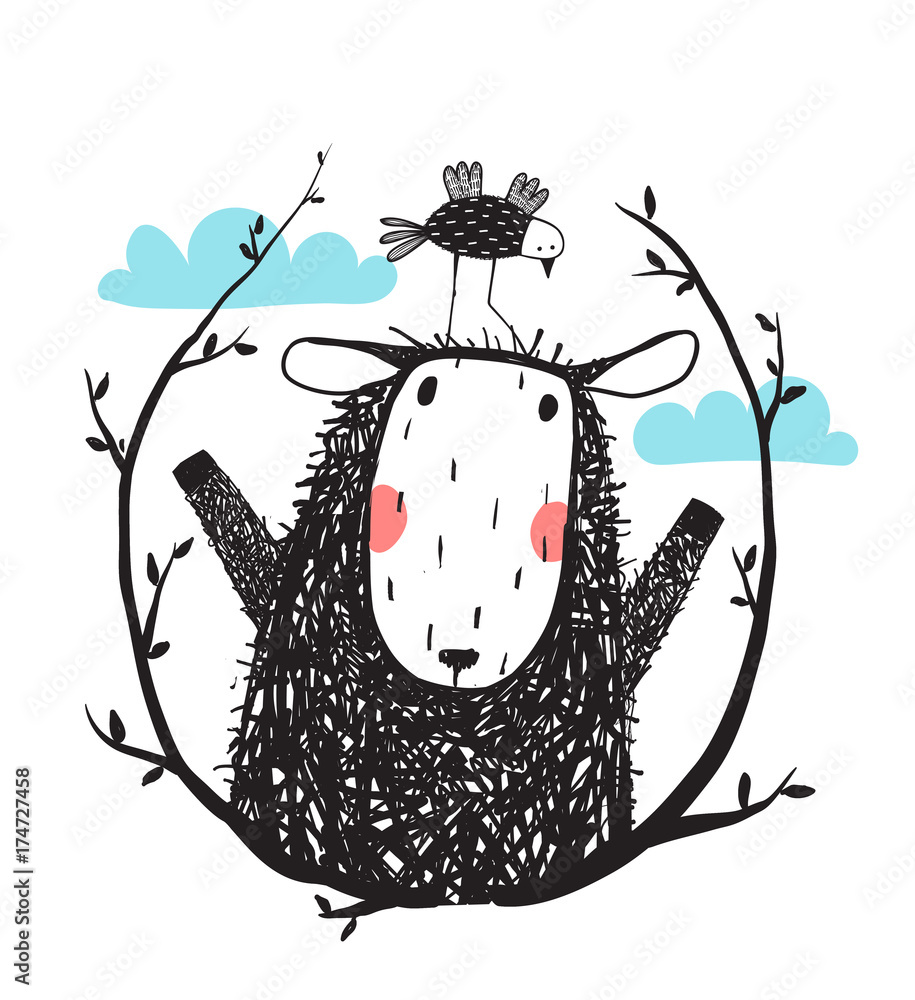 Obraz premium Funny Sheep and Bird Portrait with Laurel