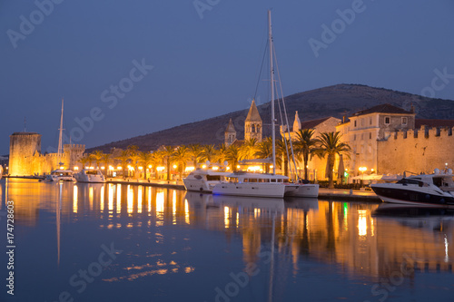 Waterfront view of beautiful Trogir, Croatia - Unesco World Heritage Site. Image take before sunrise, at the blue hour.