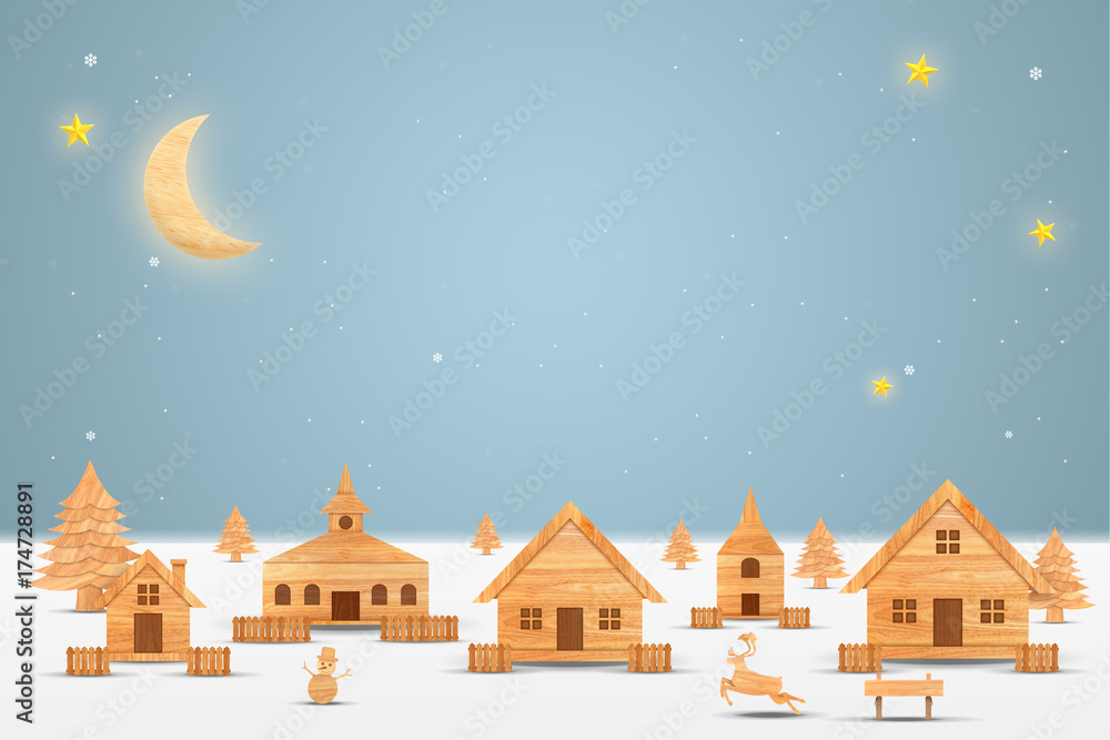 Landscape forest with christmas tree and house in night time with snowfall. Christmas season and Happy new year season made from wood with decorations art and craft style, illustration
