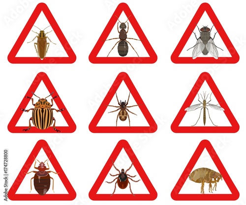 Set of red warning signs about harmful insects.. Vector illustration