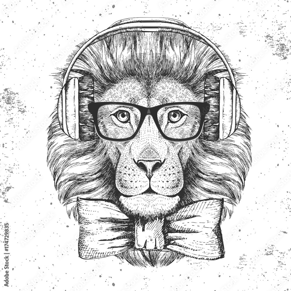 Naklejka premium Hipster zwierzęcy lew. Rysunek odręczny Pysk lwa