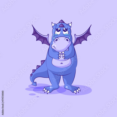 Vector Emoji character cartoon sad and frustrated dragon dinosaur crying, tears sticker emoticon