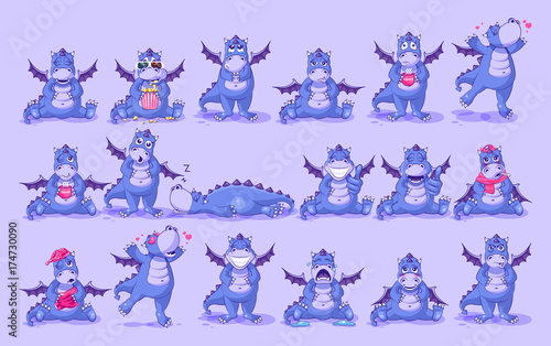 Set kit vector Emoji character cartoon dragon dinosaur stickers emoticons with different emotions