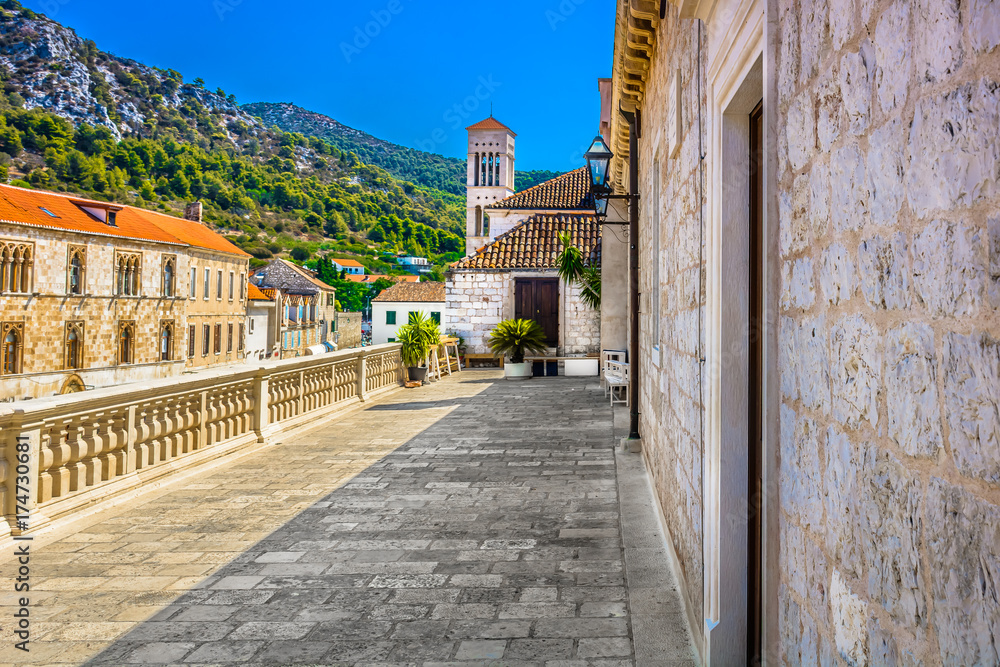 Fototapeta premium hvar island stone architecture. / Architectural view at ancient town Hvar in Dalmatia region, famous luxury resort in Croatia, Europe.