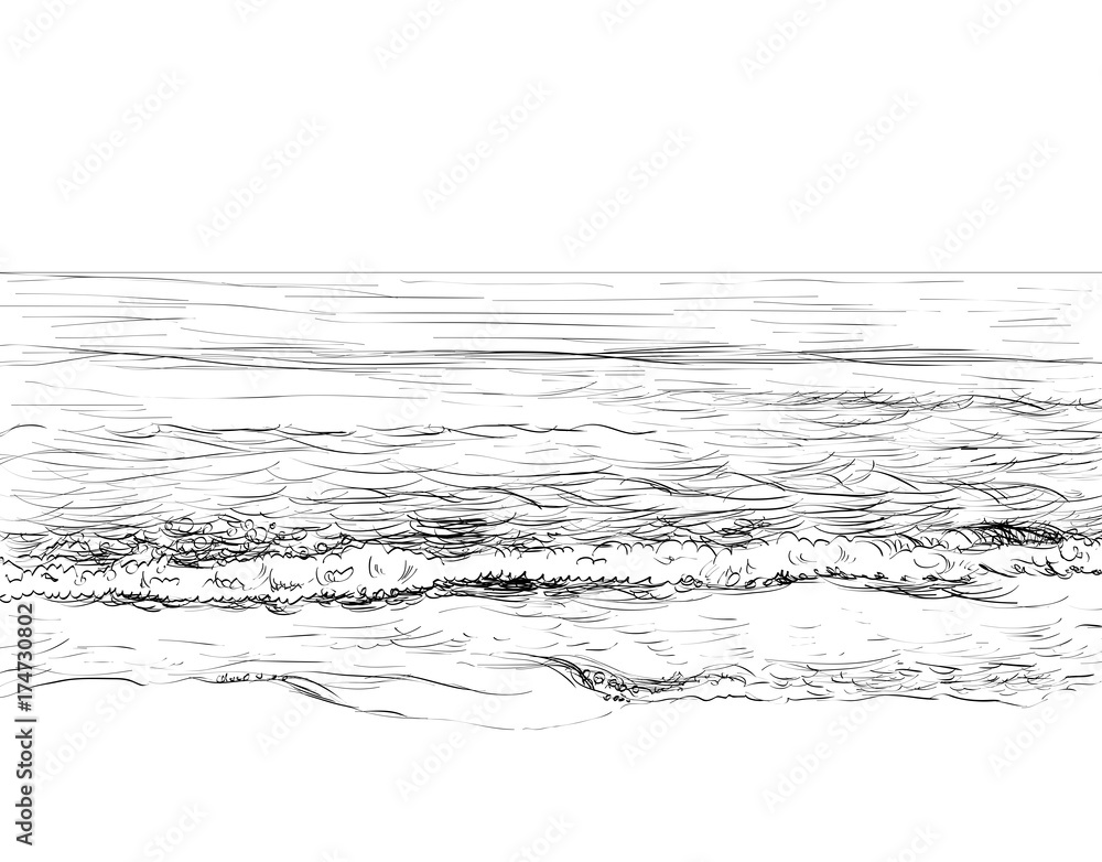 Obraz premium Szkic wektor lato seascape. Widok na morze i plażę