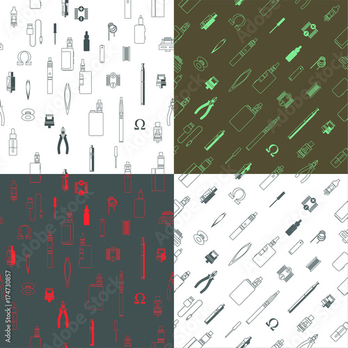 vape patterns of e cigarette icons set, e liquid, vape devices and tools, vaping seamless background. 