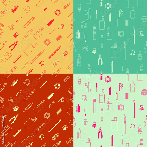 vape patterns of e cigarette icons set, e liquid, vape devices and tools, vaping seamless background. 
