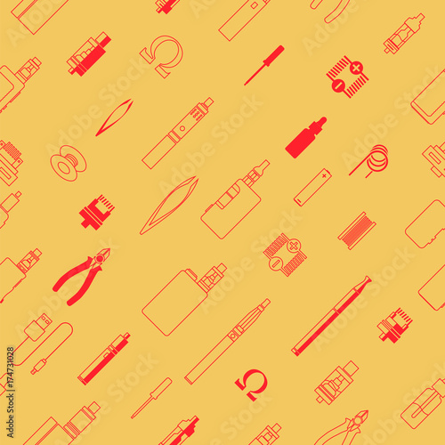 vape patterns of e cigarette icons set, e liquid, vape devices and tools, vaping seamless background. 