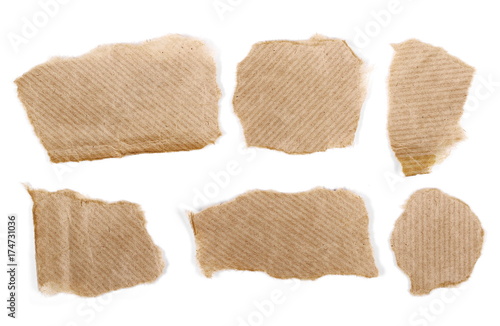 Cardboard scraps, set and collection, isolated on white background