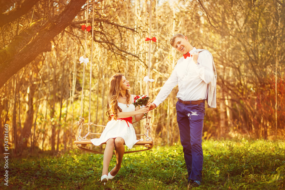 Fototapeta premium Stylish couple in love portrait, Newlywed husband and wife havin