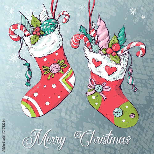 Christmas socks with gifts. Vector illustration. photo