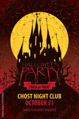 Vector banner for Halloween party with an old Gothic castle in the cemetery on the background of the full moon in grunge style