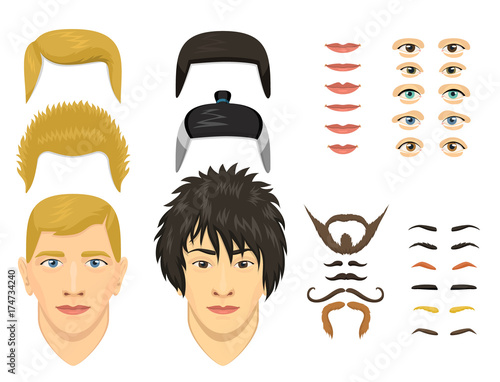 Man face emotions constructor parts eyes, nose, lips, beard, mustache avatar creator vector cartoon character creation spare parts spares animation.
