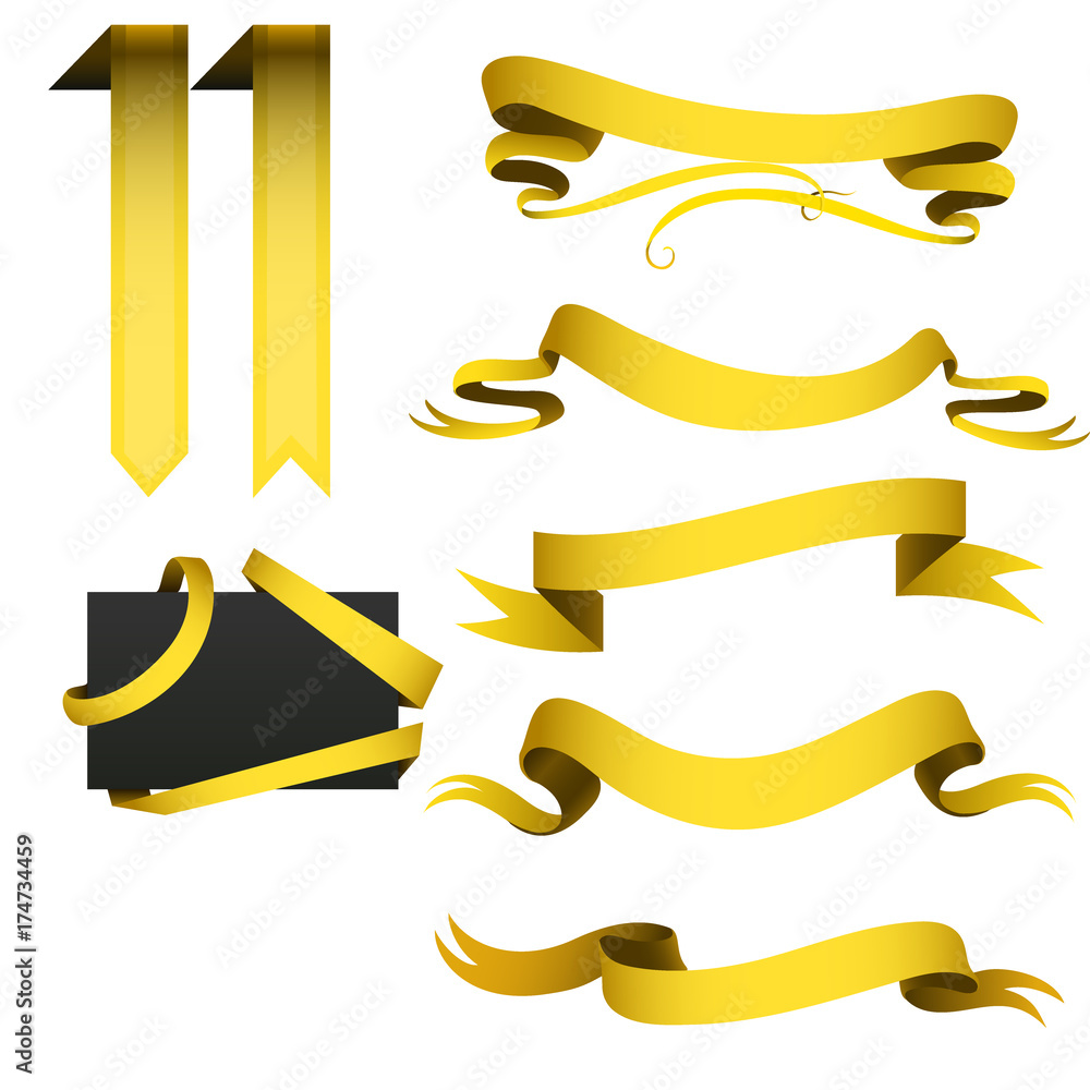 Realistic gold ribbons tape flag banner elegance graphic stitch band banner flag bow vector illustration.