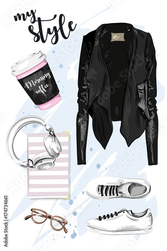 Stylish hand drawn set with leather jacket, shoes, eyeglasses, headphones, planner book and coffee cup. Fashion outfit. Sketch. Vector illustration.