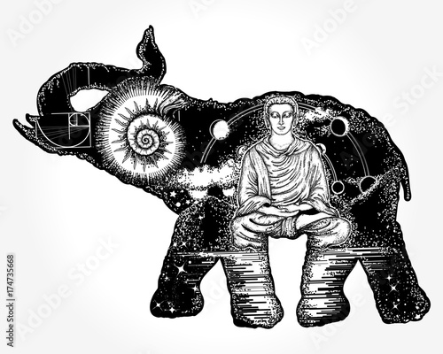 Elephant tattoo art. Symbol of spirituality, meditation, yoga, traveling. Buddha, ammonite, mountains. Magic elephant double exposure animals sacral style t-shirt design