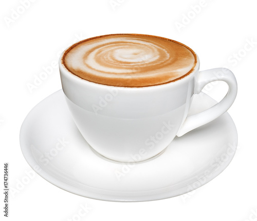 Hot coffee latte cappuccino spiral foam isolated on white background, clipping path included