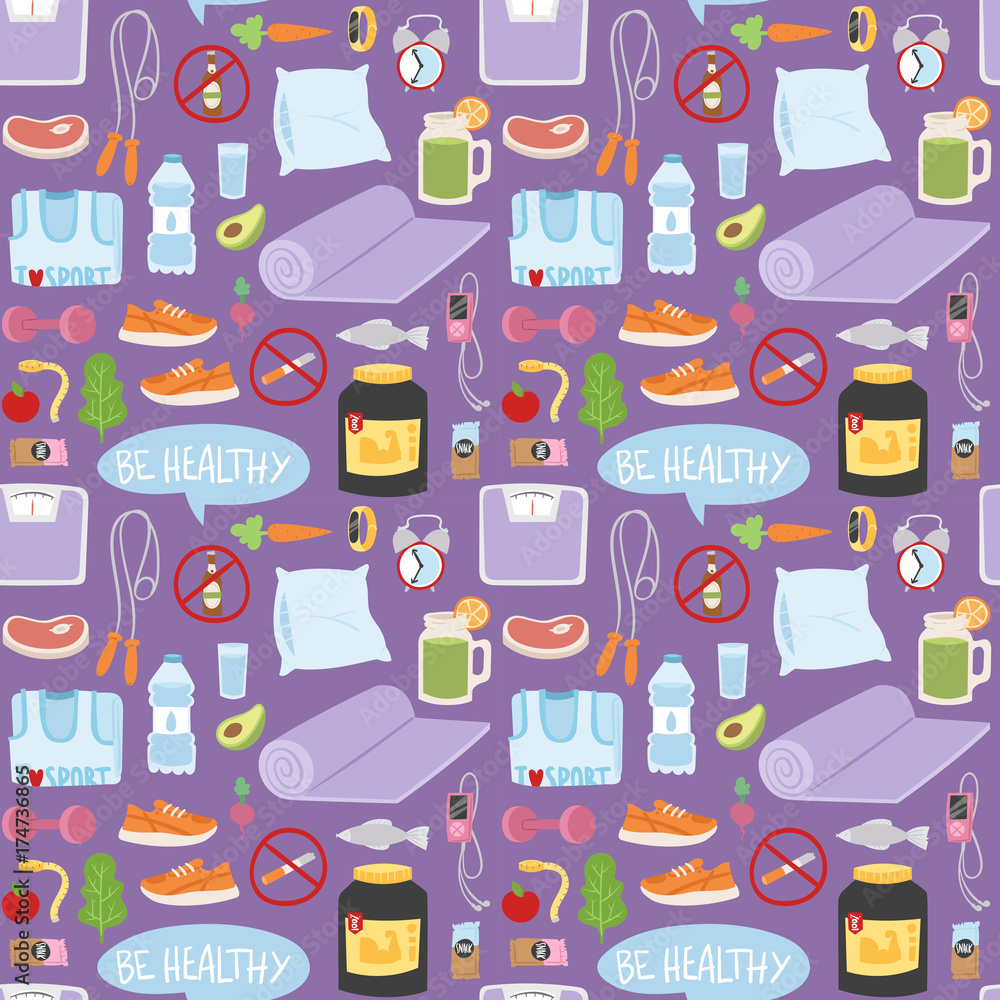 Healthy lifestyle fitnes seamless pattern background vector illustration.