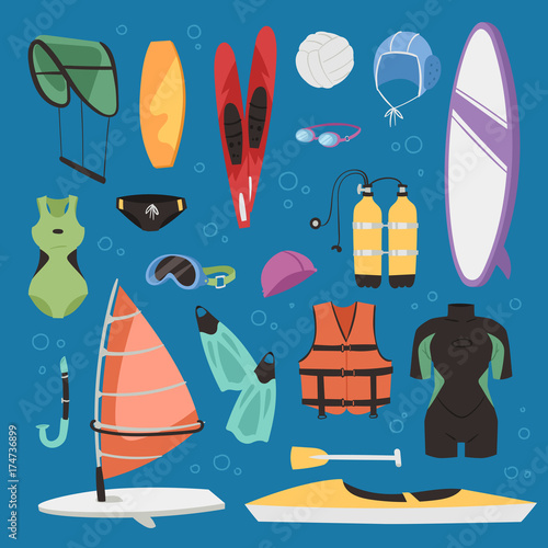 Kite boarding fun ocean extreme water sport canoe surfer sailing leisure ocean activity summer recreation extreme vector illustration.