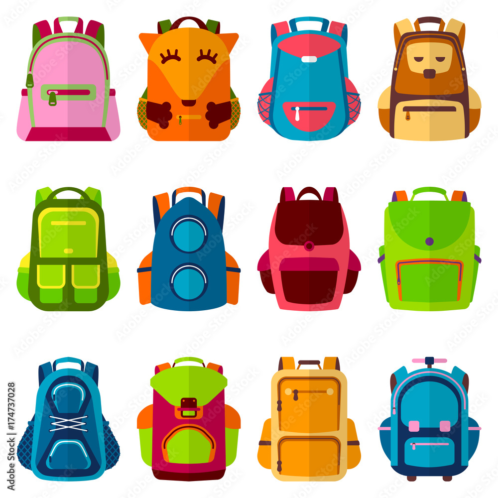 School kids school backpack Back to School rucksack vector illustration - obrazy, fototapety, plakaty 