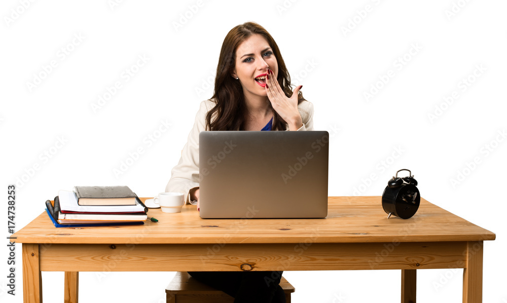 Business woman working with her laptop and making surprise gesture Business woman working with her laptop and making surprise gesture