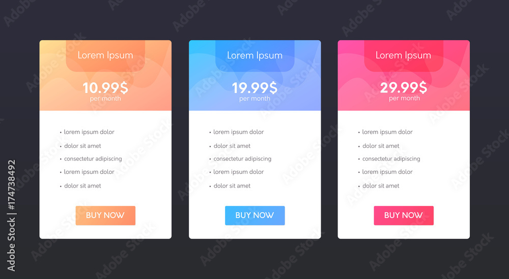 Set of clean price list colums. Three banners with tariffs. Flat web promo elements. Set of clean price list colums. Three banners with tariffs. Flat web promo elements.