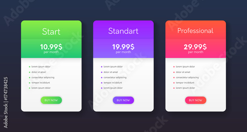Set of clean price list colums. Three banners with tariffs. Flat web promo elements.