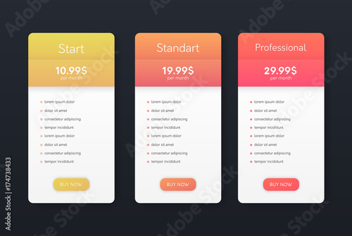 Set of flat price list colums. Three banners with tariffs. Modern web promo elements. © t1m0n344