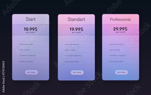 Set of flat price list colums. Three banners with tariffs. Modern web promo elements.