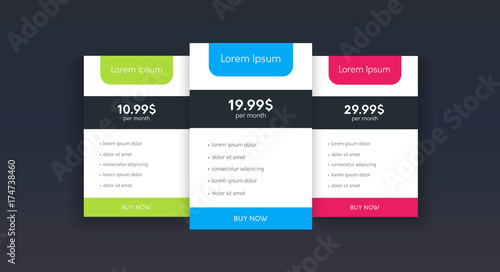 Set of flat price list colums. Three banners with tariffs.