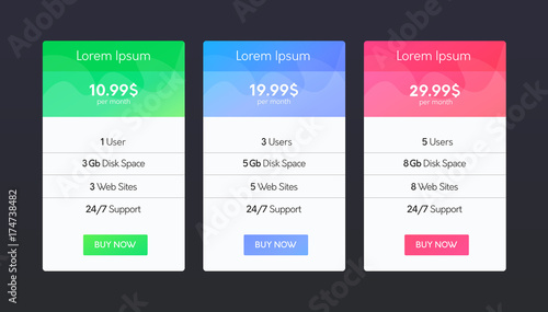 Set of flat price list colums. Three banners with tariffs. Modern web promo elements.