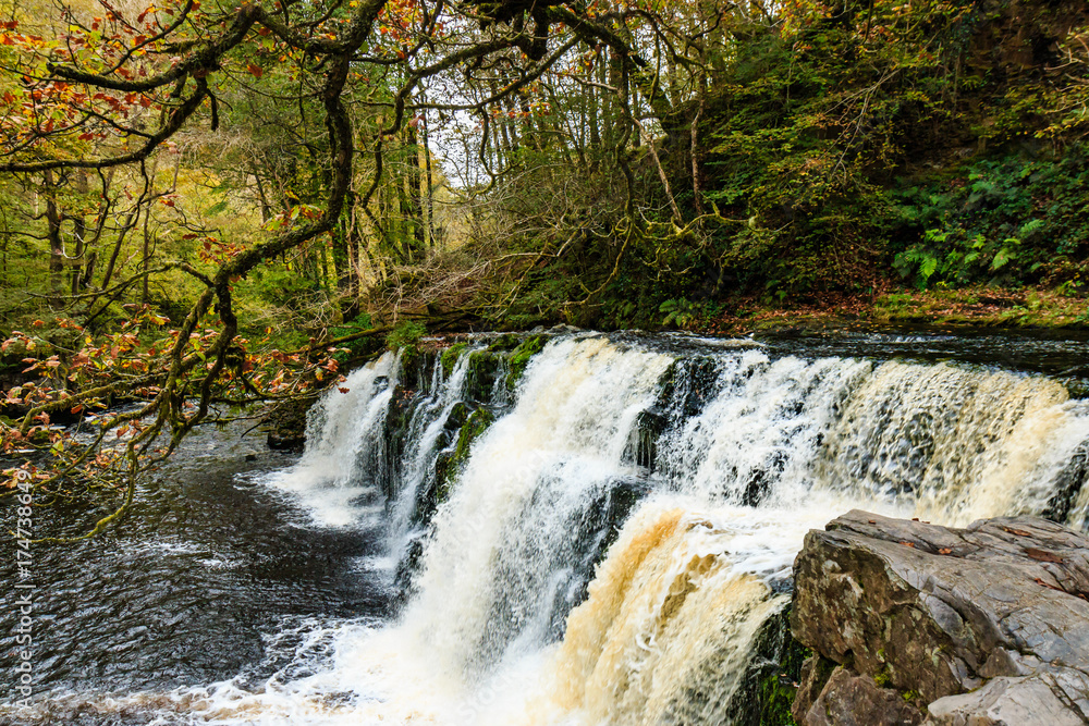 Fototapeta premium A picturesque waterfall (Sgwd Y Pannwr) in a tree lined river valley during the autumn