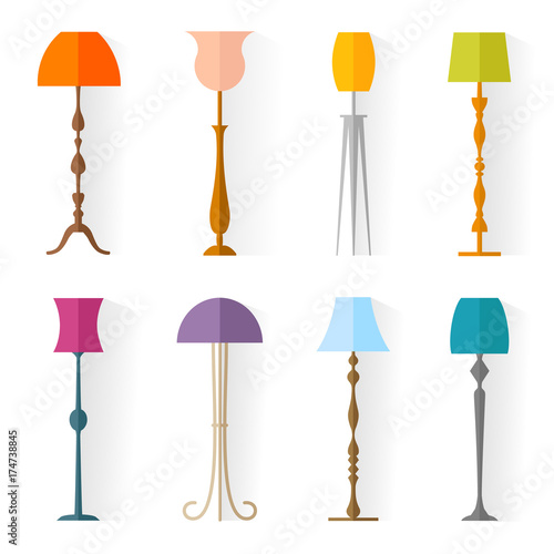 A set of vector floor lamps. Icons of torchere in flat style. Standard-lamp.