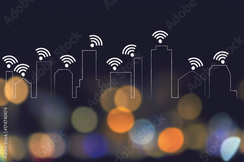 city skyline where every building is connected to a wi-fi network
