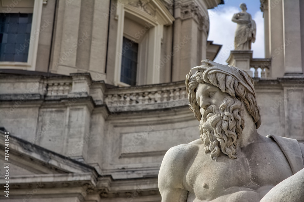 Roman Ancient Statue Fountain Detail Face God Italian