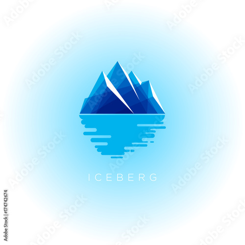 Iceberg logo. Iceberg emblem Blue transparent iceberg with reflection in water. 