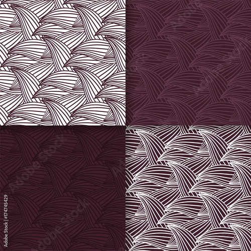 Wallpaper set of maroon seamless patterns with floral ornaments