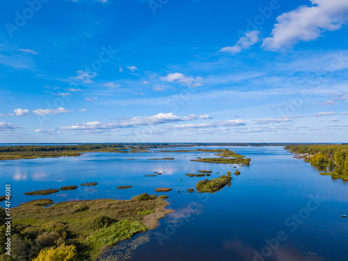The coves of a large lake near Kostroma. Aerial view of nature. Russia.