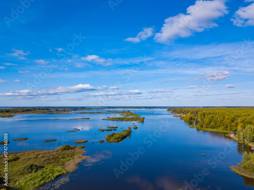The coves of a large lake near Kostroma. Aerial view of nature. Russia.