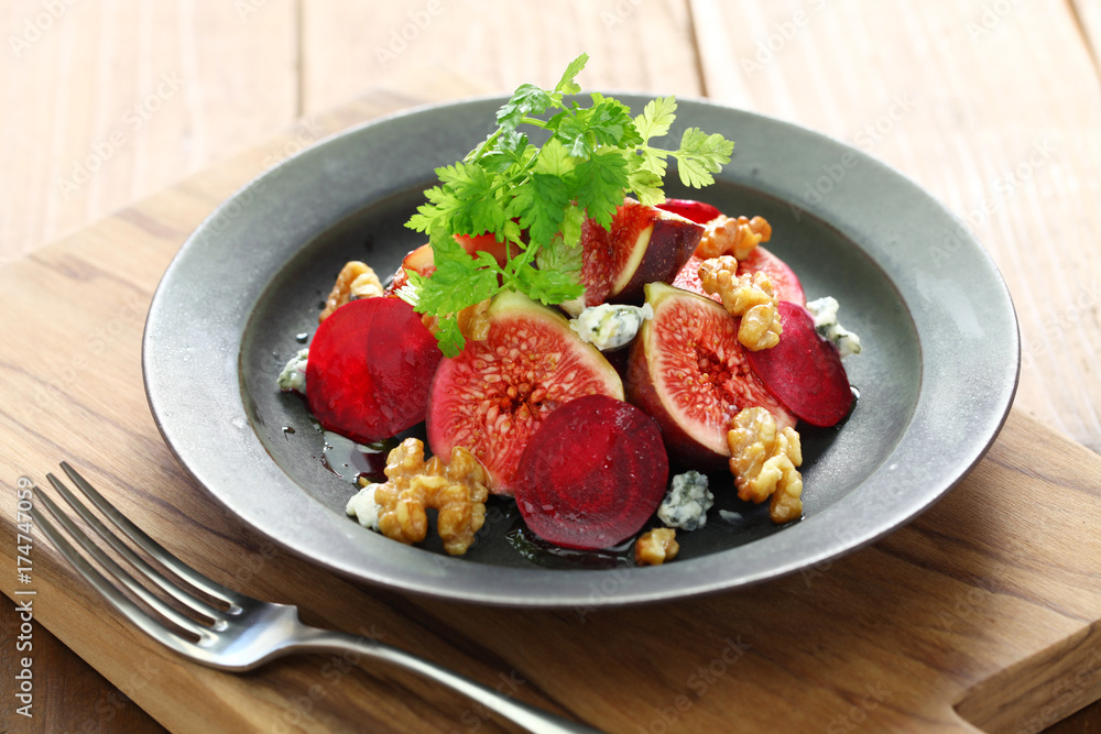 fresh salad with figs, beets, walnuts and roquefort cheese fresh salad with figs, beets, walnuts and roquefort cheese
