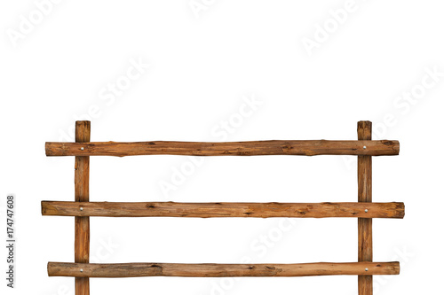 Brown timber fence or decorative wooden fence isolated on white background. Object with clipping path