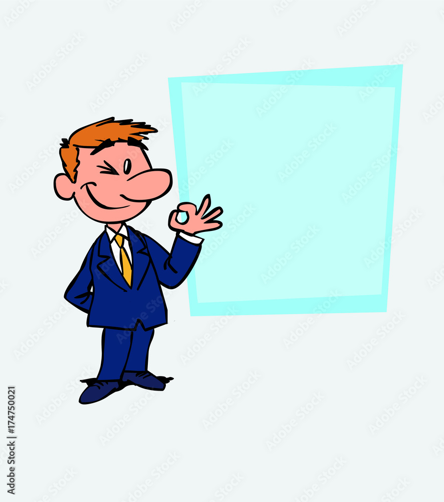 Happy white businessman makes the gesture of ok. Is showing, as in a presentation, the data you want. Happy white businessman makes the gesture of ok. Is showing, as in a presentation, the data you want.