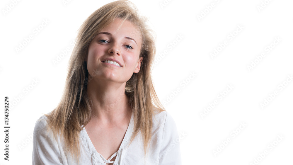 Beautiful girl with a smile on an isolated white background Beautiful girl with a smile on an isolated white background