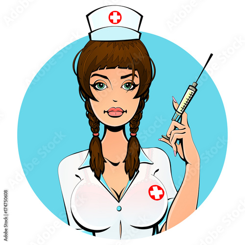 Sexy European nurse with a syringe for a shot. Avatar, icon. For adults.