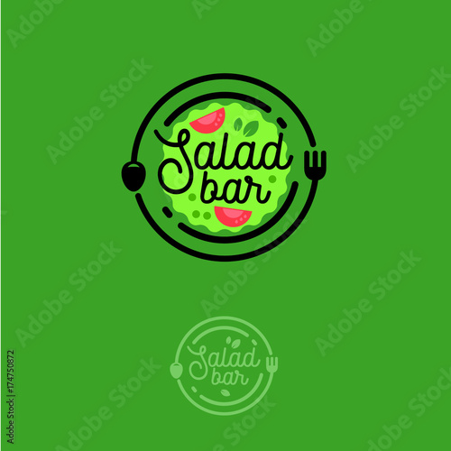 Salad bar logo. Cafe or restaurant emblem. Plate with fork, spoon and salad on the green background.  