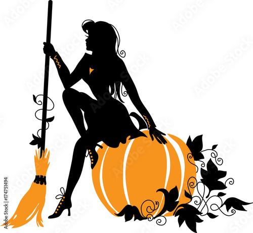 Beautiful witch with broom and pumpkin.